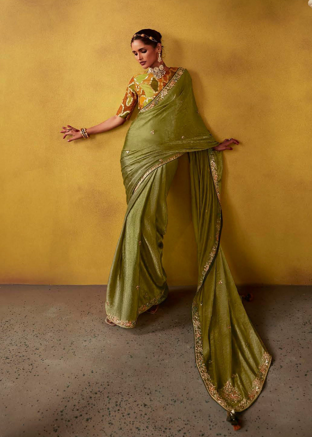 Buy Now Tempting Green & Mustard Fancy Silk Festive Wear Saree Online in Canada, UK, France, Germany, UAE, USA & Worldwide at Empress Clothing.