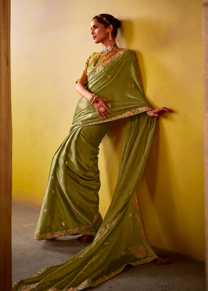 Buy Now Tempting Green & Mustard Fancy Silk Festive Wear Saree Online in Canada, UK, France, Germany, UAE, USA & Worldwide at Empress Clothing.