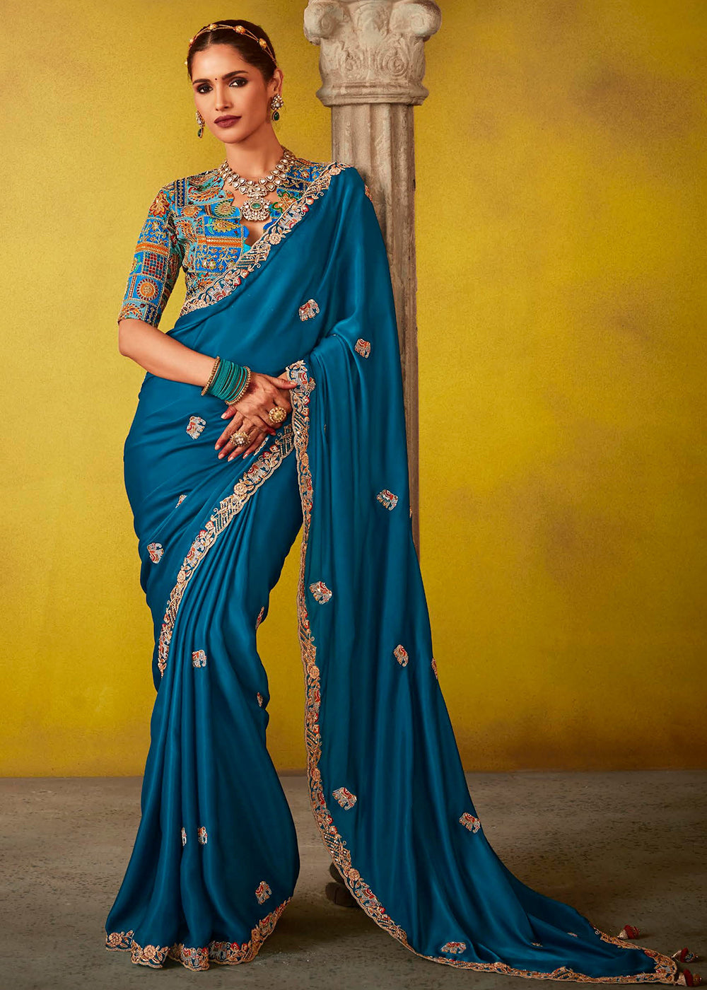 royal blue and gold indian dress Blue And Gold Indian Dress Navy Blue South Indian Dress In Silk Cotton With Jacquard Weaving