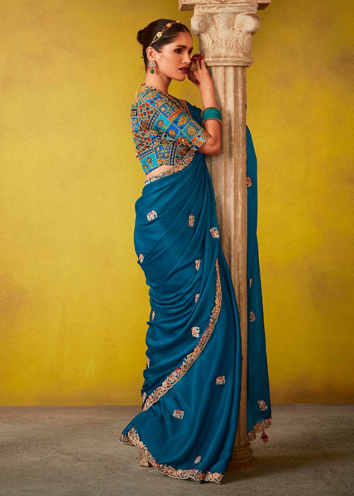 Buy Now Tempting Royal Blue Fancy Silk Festive Wear Saree Online in Canada, UK, France, Germany, UAE, USA & Worldwide at Empress Clothing.