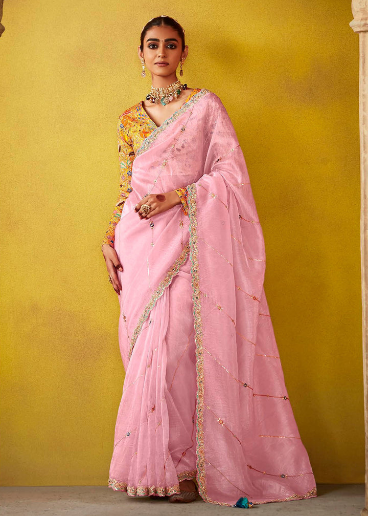 Buy Now Tempting Pink & Yellow Fancy Silk Festive Wear Saree Online in Canada, UK, France, Germany, UAE, USA & Worldwide at Empress Clothing.