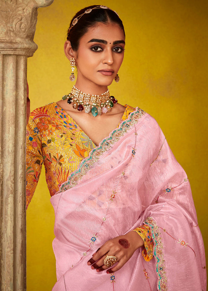 Buy Now Tempting Pink & Yellow Fancy Silk Festive Wear Saree Online in Canada, UK, France, Germany, UAE, USA & Worldwide at Empress Clothing.