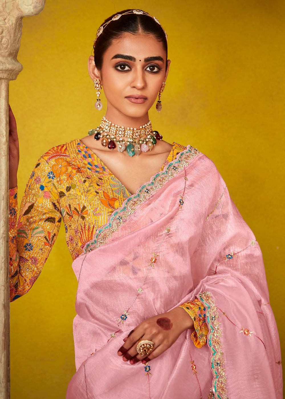 Buy Now Tempting Pink & Yellow Fancy Silk Festive Wear Saree Online in Canada, UK, France, Germany, UAE, USA & Worldwide at Empress Clothing.