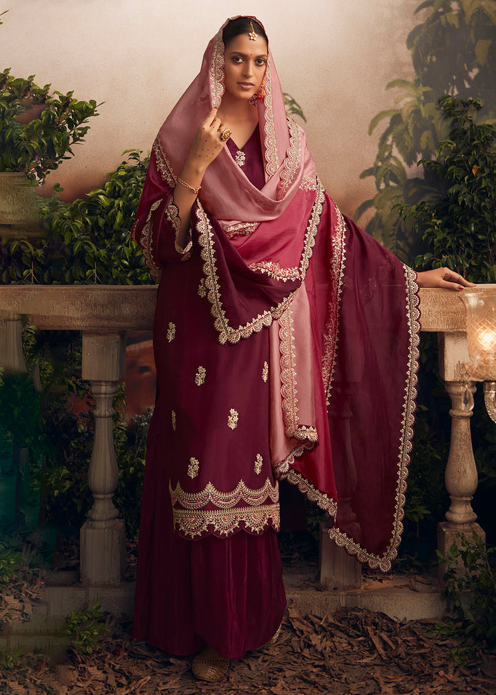 Buy Now Silk Modale Maroon Embroidered Festive Salwar Suit Online in USA, UK, Canada, Germany, Australia & Worldwide at Empress Clothing.