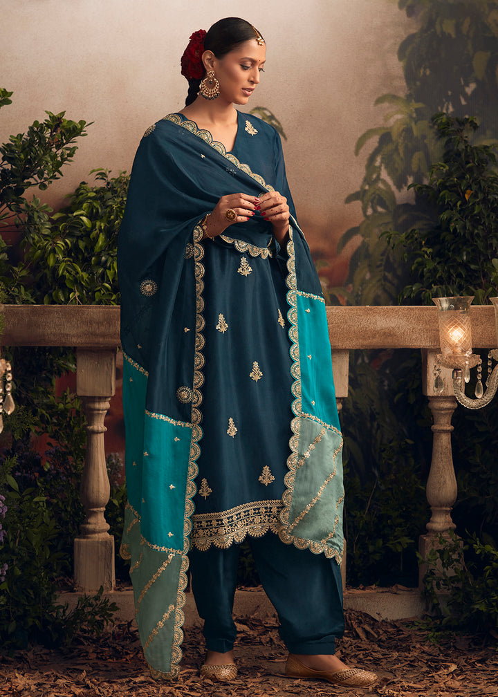 Buy Now Silk Modale Teal Blue Embroidered Festive Salwar Suit Online in USA, UK, Canada, Germany, Australia & Worldwide at Empress Clothing. 