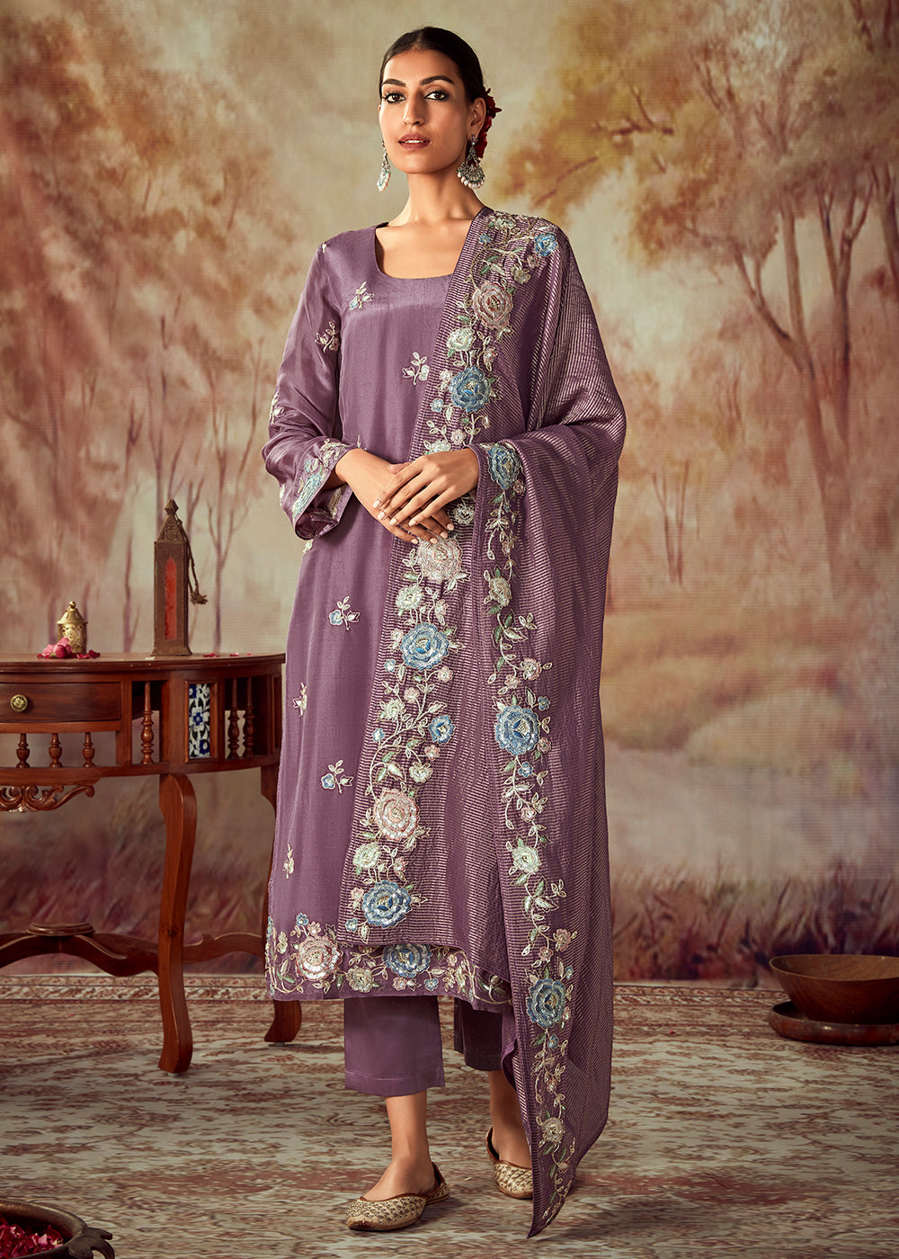 Buy Now Mauve Purple Russian Silk Embroidered Pant Style Salwar Kurta Online in USA, UK, Canada, Germany, Australia & Worldwide at Empress Clothing.