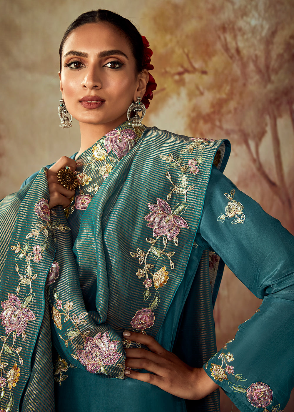 Buy Now Teal Blue Russian Silk Embroidered Pant Style Salwar Kurta Online in USA, UK, Canada, Germany, Australia & Worldwide at Empress Clothing.