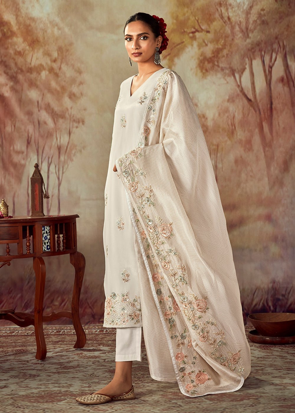 Buy Now Pearl White Russian Silk Embroidered Pant Style Salwar Kurta Online in USA, UK, Canada, Germany, Australia & Worldwide at Empress Clothing.