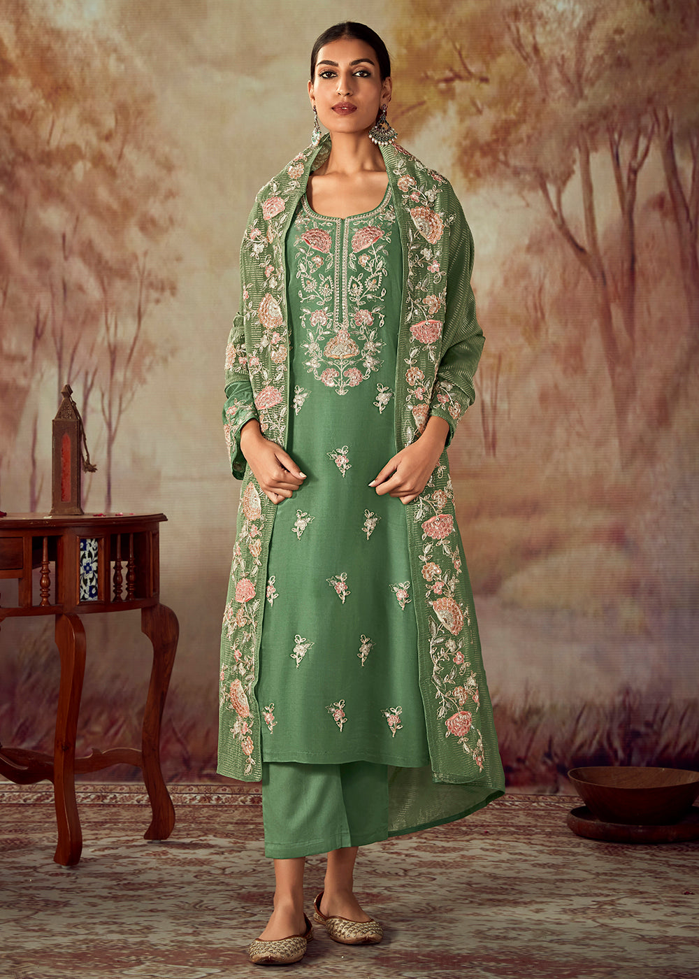 Buy Now Moss Green Russian Silk Embroidered Pant Style Salwar Kurta Online in USA, UK, Canada, Germany, Australia & Worldwide at Empress Clothing.