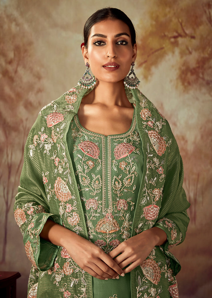 Buy Now Moss Green Russian Silk Embroidered Pant Style Salwar Kurta Online in USA, UK, Canada, Germany, Australia & Worldwide at Empress Clothing.