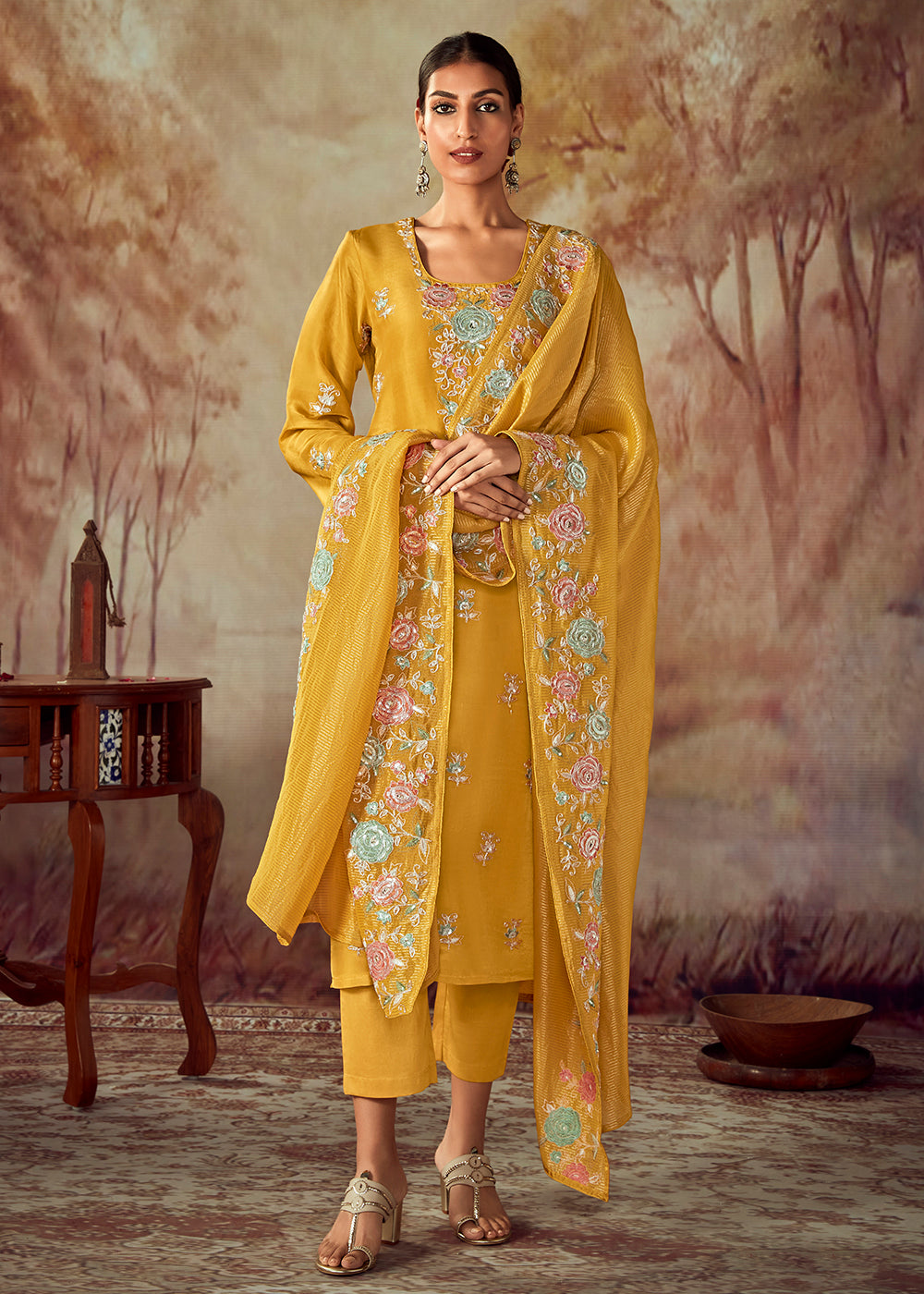Buy Now Mustard Russian Silk Embroidered Pant Style Salwar Kurta Online in USA, UK, Canada, Germany, Australia & Worldwide at Empress Clothing.