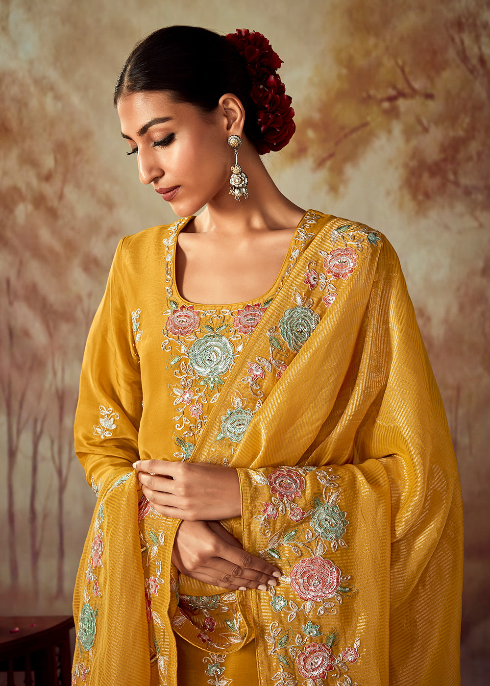 Buy Now Mustard Russian Silk Embroidered Pant Style Salwar Kurta Online in USA, UK, Canada, Germany, Australia & Worldwide at Empress Clothing.
