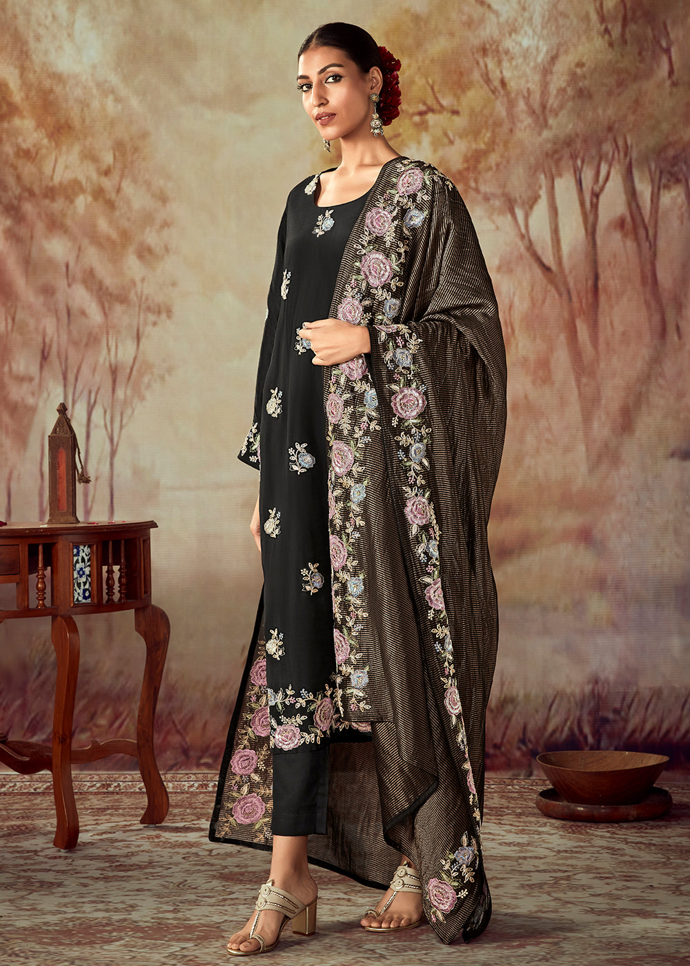 Buy Now Black Russian Silk Embroidered Pant Style Salwar Kurta Online in USA, UK, Canada, Germany, Australia & Worldwide at Empress Clothing.]