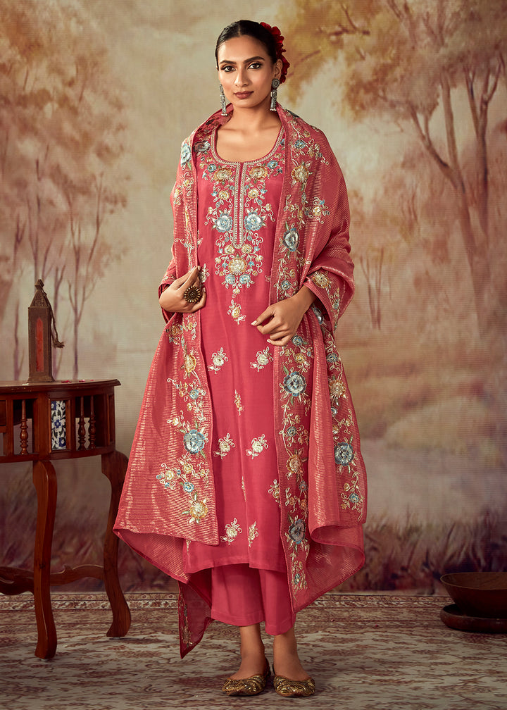 Buy Now Pink Russian Silk Embroidered Pant Style Salwar Kurta Online in USA, UK, Canada, Germany, Australia & Worldwide at Empress Clothing. 