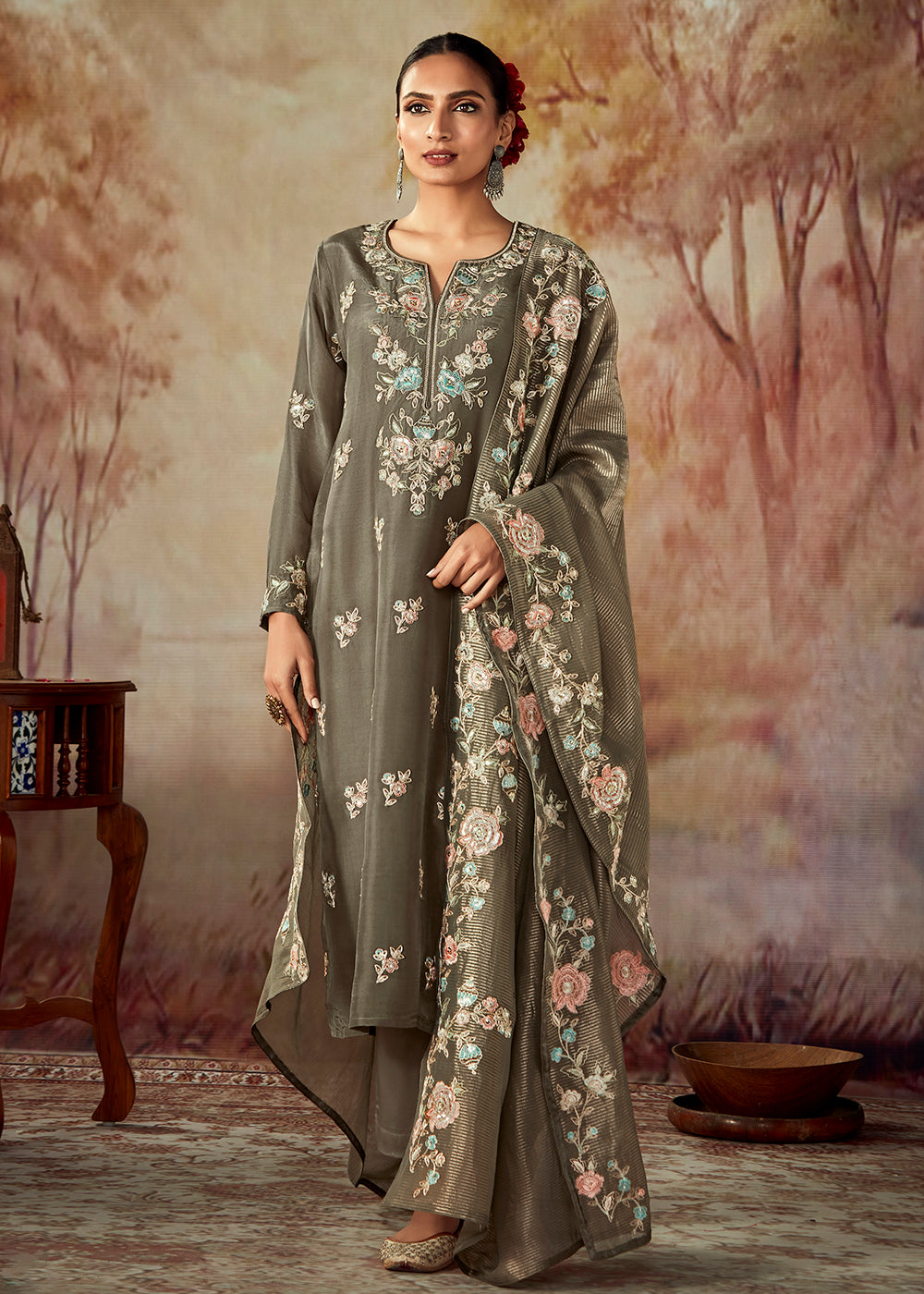 Buy Now Dusty Grey Russian Silk Embroidered Pant Style Salwar Kurta Online in USA, UK, Canada, Germany, Australia & Worldwide at Empress Clothing.