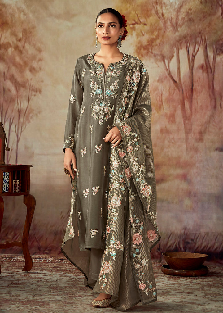 Buy Now Dusty Grey Russian Silk Embroidered Pant Style Salwar Kurta Online in USA, UK, Canada, Germany, Australia & Worldwide at Empress Clothing.
