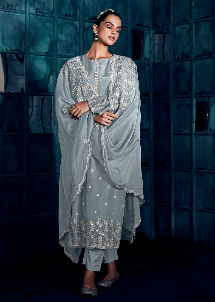 Buy Now Charming Grey Modale Silk Embroidered Festive Salwar Suit Online in USA, UK, Canada, Germany, Australia & Worldwide at Empress Clothing.