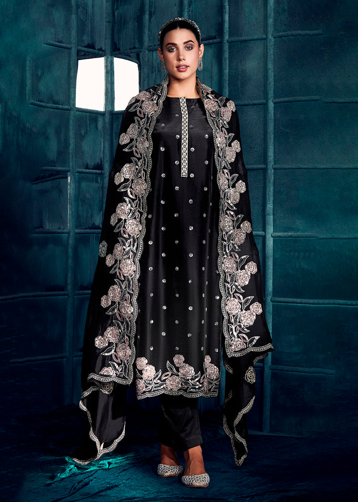 Buy Now Prime Black Modale Silk Embroidered Festive Salwar Suit Online in USA, UK, Canada, Germany, Australia & Worldwide at Empress Clothing.