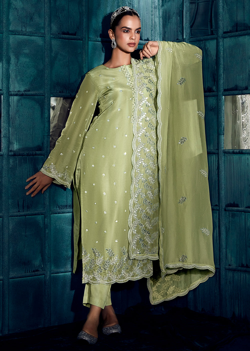 Buy Now Pastel Green Modale Silk Embroidered Festive Salwar Suit Online in USA, UK, Canada, Germany, Australia & Worldwide at Empress Clothing. 