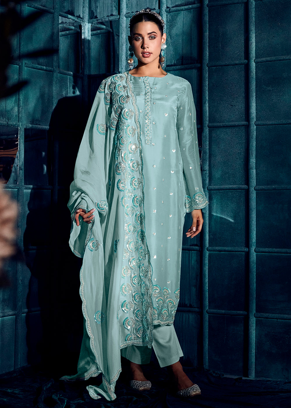 Buy Now Ice Blue Modale Silk Embroidered Festive Salwar Suit Online in USA, UK, Canada, Germany, Australia & Worldwide at Empress Clothing.