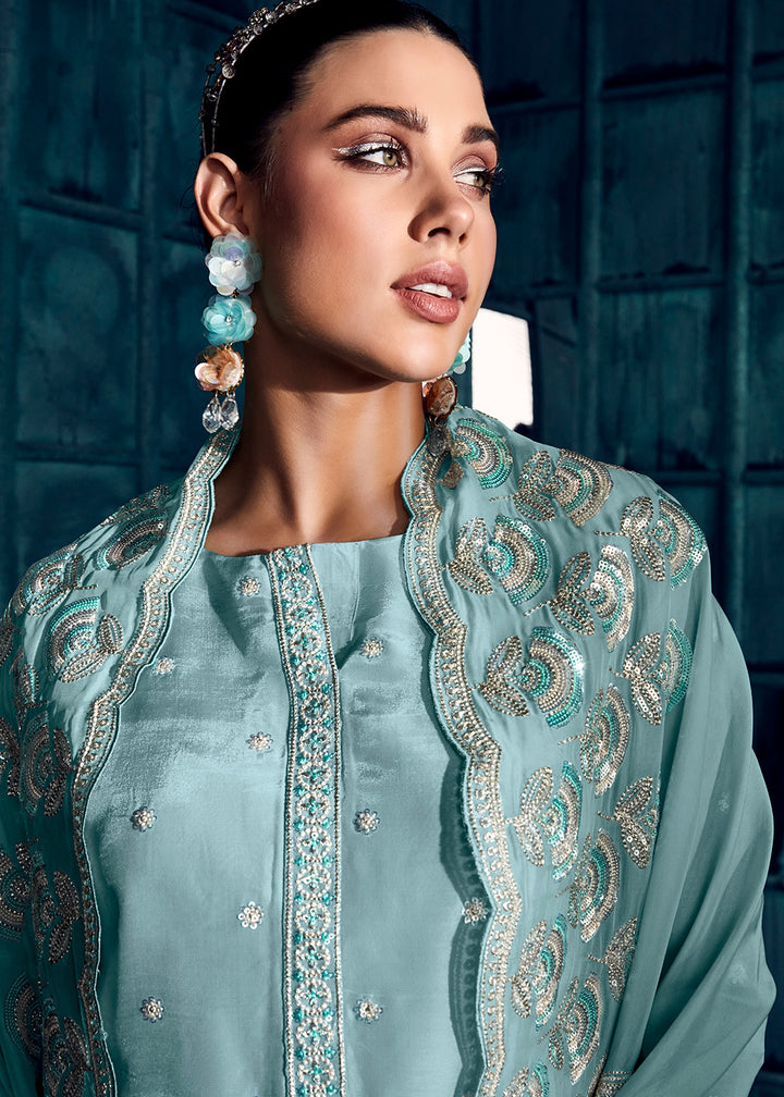 Buy Now Ice Blue Modale Silk Embroidered Festive Salwar Suit Online in USA, UK, Canada, Germany, Australia & Worldwide at Empress Clothing.