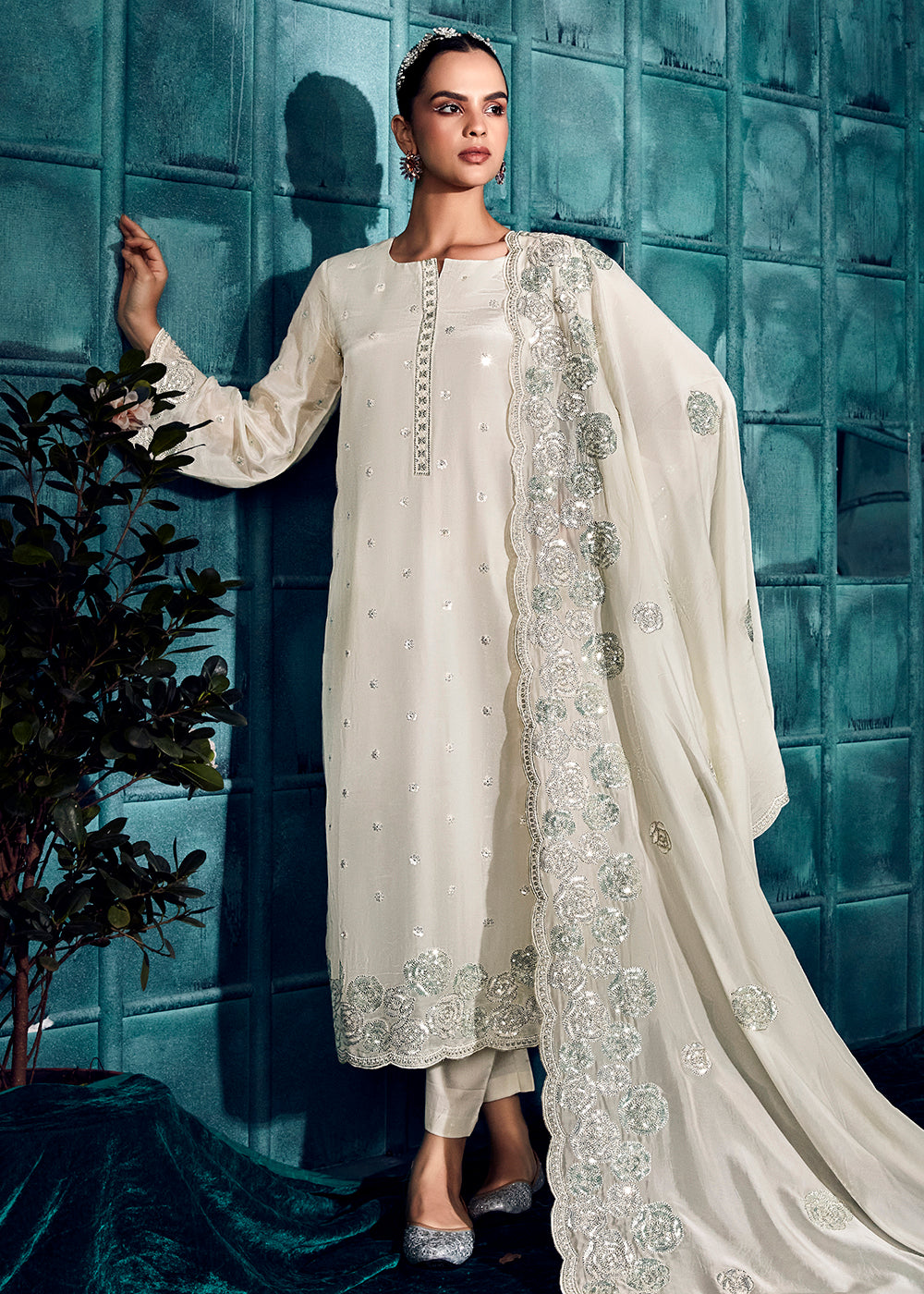 Buy Now Pearl White Modale Silk Embroidered Festive Salwar Suit Online in USA, UK, Canada, Germany, Australia & Worldwide at Empress Clothing.
