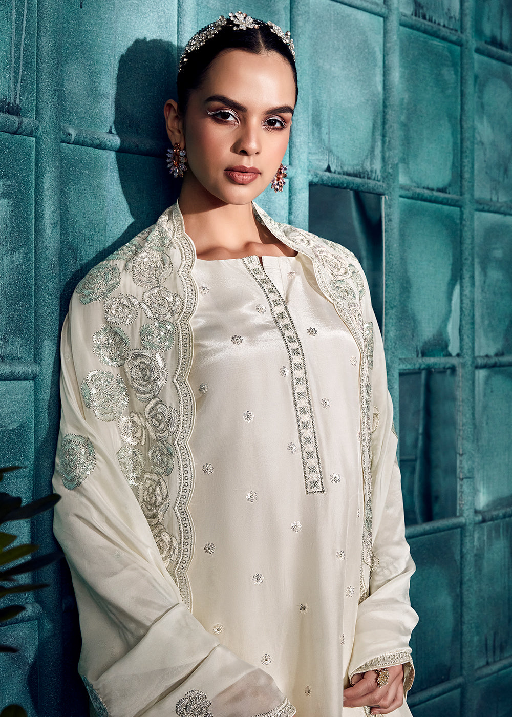 Buy Now Pearl White Modale Silk Embroidered Festive Salwar Suit Online in USA, UK, Canada, Germany, Australia & Worldwide at Empress Clothing.