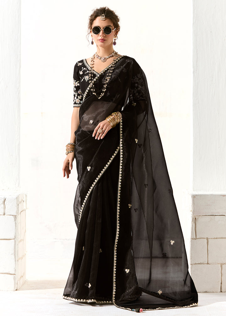 Buy Fabulous Black Organza Tissue Embroidered Designer Saree Online in USA, UK, Canada, Spain, France, Germany, Italy, Austria, UAE & Worldwide at Empress.