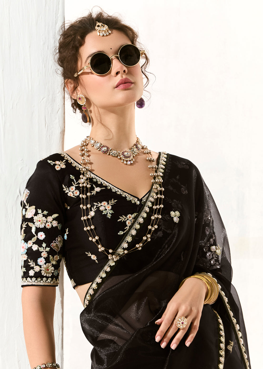 Buy Fabulous Black Organza Tissue Embroidered Designer Saree Online in USA, UK, Canada, Spain, France, Germany, Italy, Austria, UAE & Worldwide at Empress.