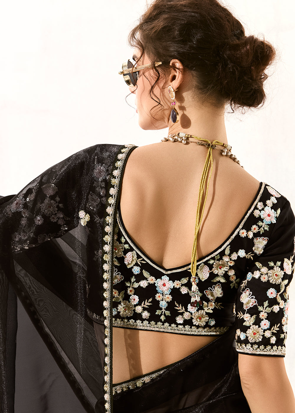 Buy Fabulous Black Organza Tissue Embroidered Designer Saree Online in USA, UK, Canada, Spain, France, Germany, Italy, Austria, UAE & Worldwide at Empress.