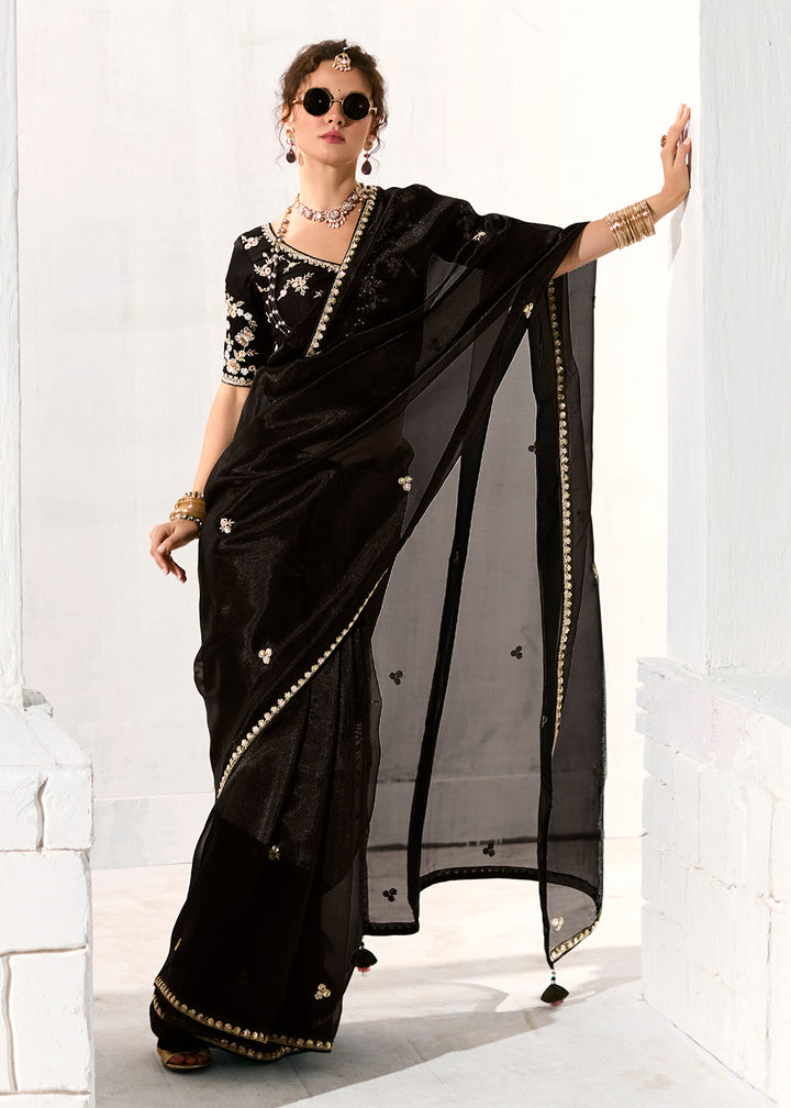 Buy Fabulous Black Organza Tissue Embroidered Designer Saree Online in USA, UK, Canada, Spain, France, Germany, Italy, Austria, UAE & Worldwide at Empress.