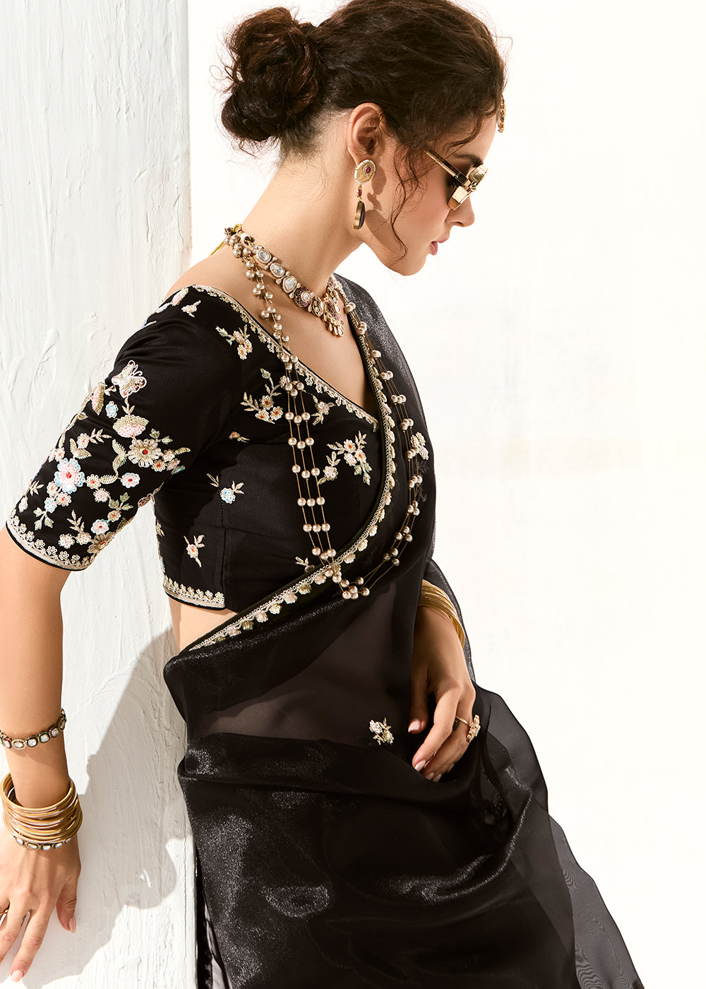 Buy Fabulous Black Organza Tissue Embroidered Designer Saree Online in USA, UK, Canada, Spain, France, Germany, Italy, Austria, UAE & Worldwide at Empress.