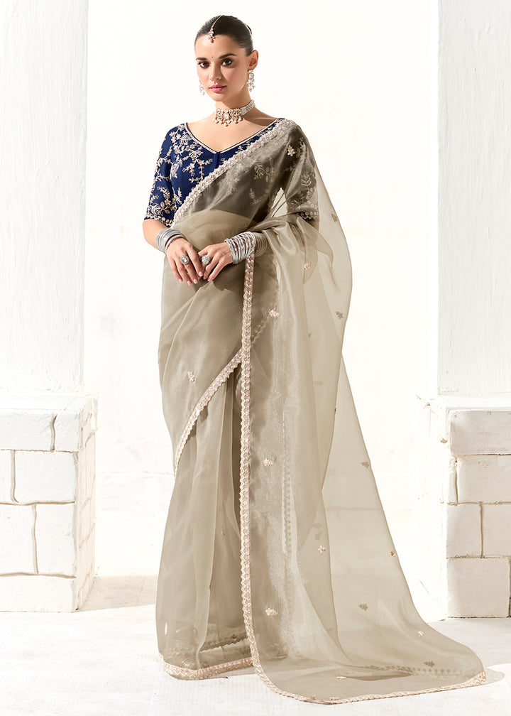 Buy Fabulous Grey Organza Tissue Embroidered Designer Saree Online in USA, UK, Canada, Spain, France, Germany, Italy, Austria, UAE & Worldwide at Empress.
