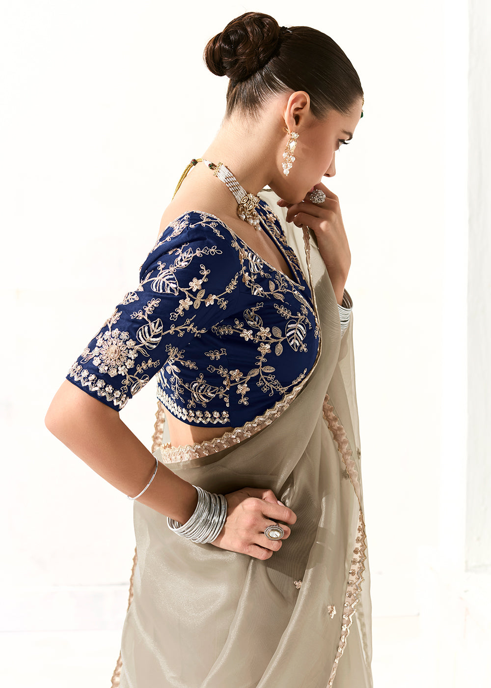 Buy Fabulous Grey Organza Tissue Embroidered Designer Saree Online in USA, UK, Canada, Spain, France, Germany, Italy, Austria, UAE & Worldwide at Empress.