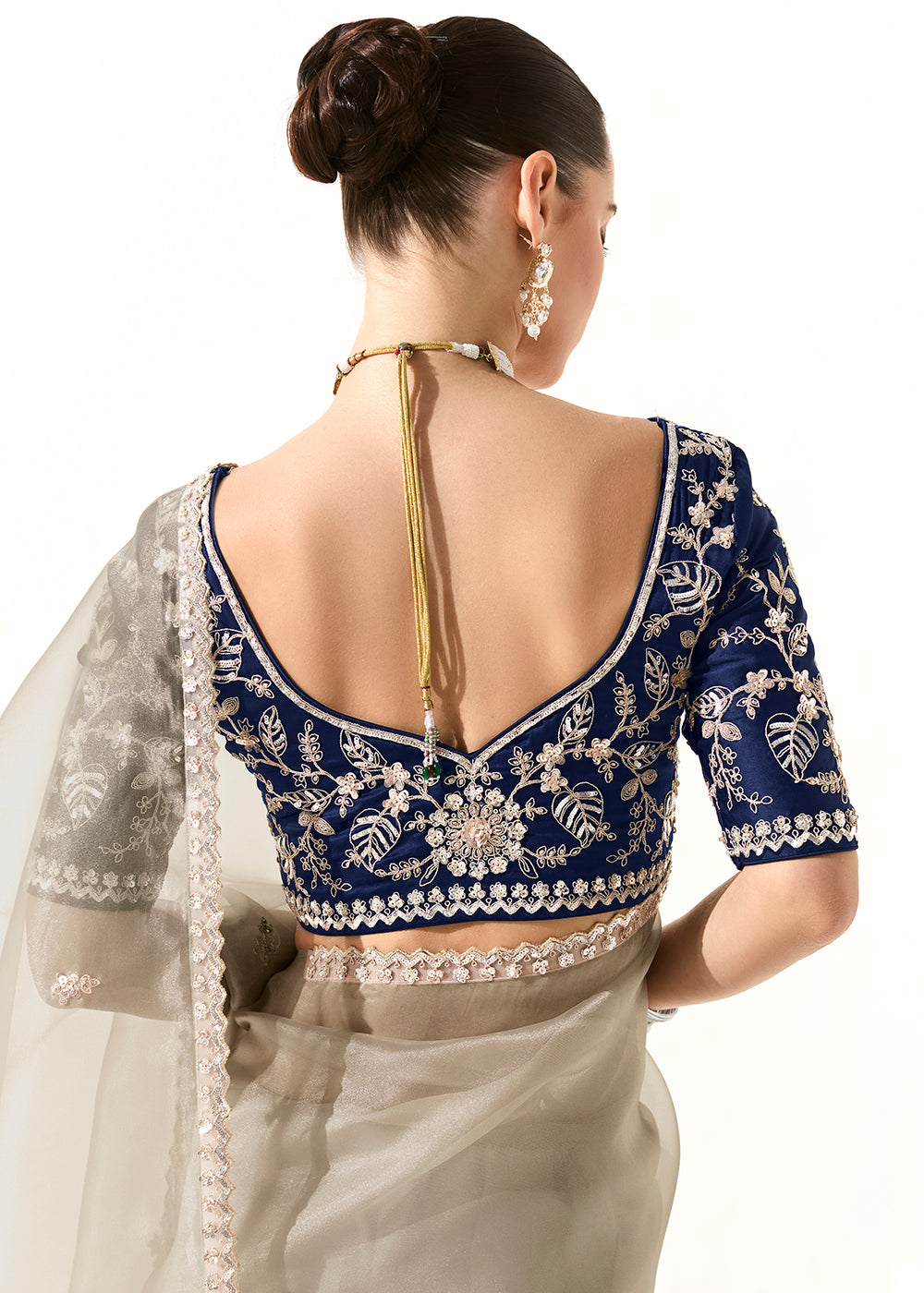 Buy Fabulous Grey Organza Tissue Embroidered Designer Saree Online in USA, UK, Canada, Spain, France, Germany, Italy, Austria, UAE & Worldwide at Empress.