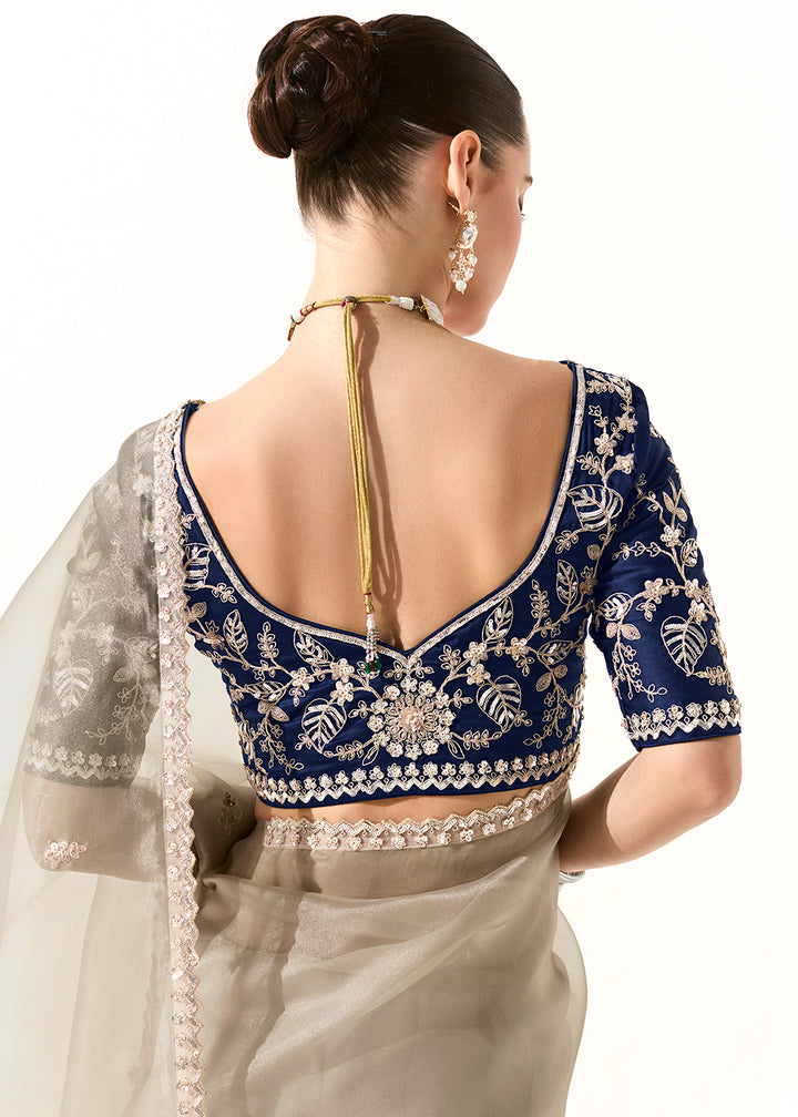Buy Fabulous Grey Organza Tissue Embroidered Designer Saree Online in USA, UK, Canada, Spain, France, Germany, Italy, Austria, UAE & Worldwide at Empress.