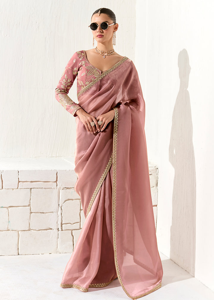 Buy Fabulous Pink Organza Tissue Embroidered Designer Saree Online in USA, UK, Canada, Spain, France, Germany, Italy, Austria, UAE & Worldwide at Empress.