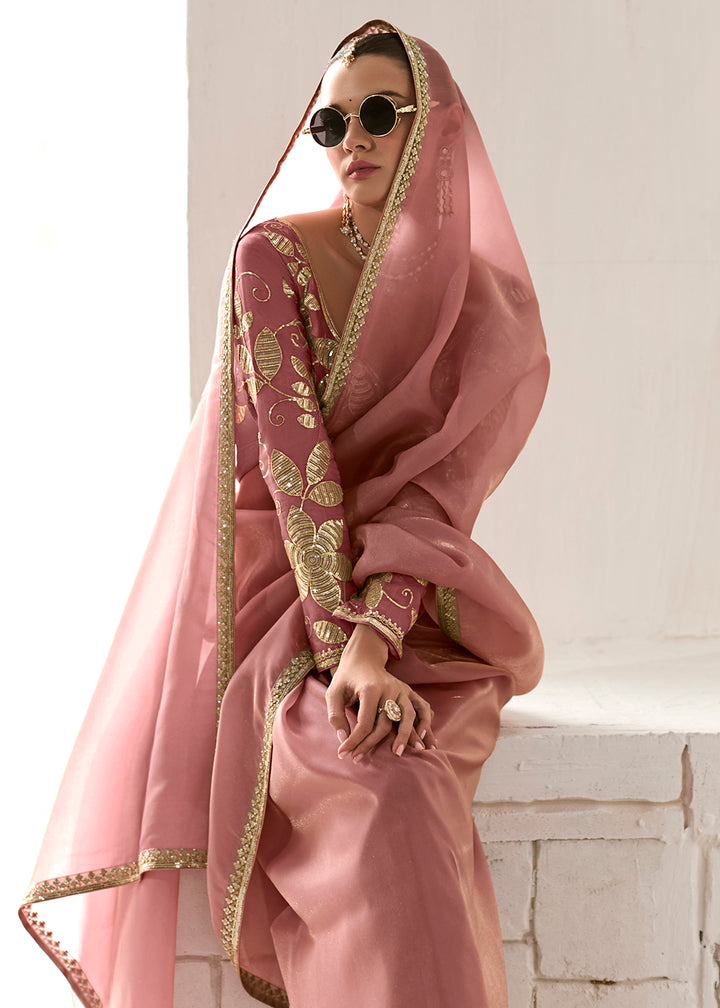 Buy Fabulous Pink Organza Tissue Embroidered Designer Saree Online in USA, UK, Canada, Spain, France, Germany, Italy, Austria, UAE & Worldwide at Empress.