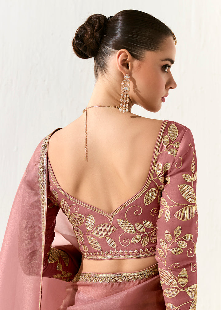 Buy Fabulous Pink Organza Tissue Embroidered Designer Saree Online in USA, UK, Canada, Spain, France, Germany, Italy, Austria, UAE & Worldwide at Empress.