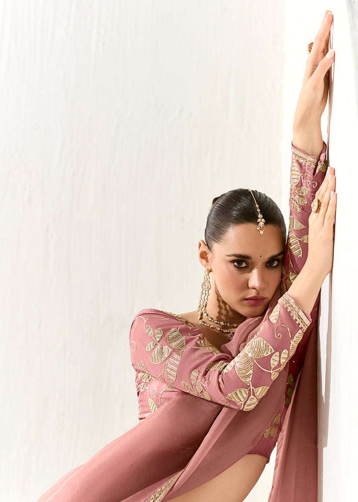 Buy Fabulous Pink Organza Tissue Embroidered Designer Saree Online in USA, UK, Canada, Spain, France, Germany, Italy, Austria, UAE & Worldwide at Empress.