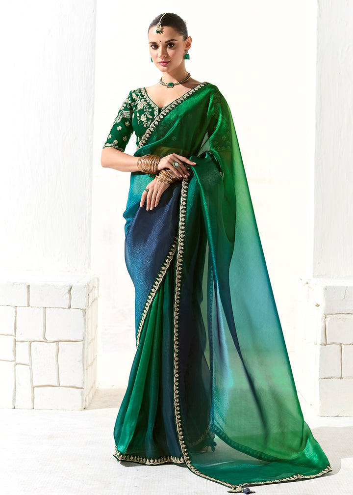 Buy Fabulous Green Organza Tissue Embroidered Designer Saree Online in USA, UK, Canada, Spain, France, Germany, Italy, Austria, UAE & Worldwide at Empress.