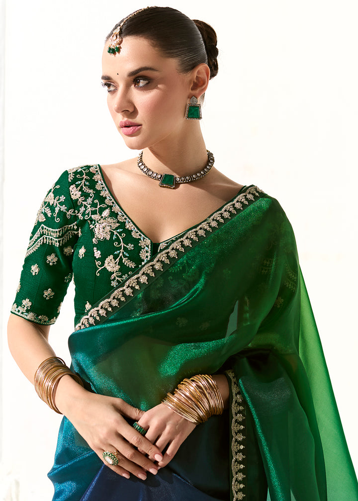 Buy Fabulous Green Organza Tissue Embroidered Designer Saree Online in USA, UK, Canada, Spain, France, Germany, Italy, Austria, UAE & Worldwide at Empress.