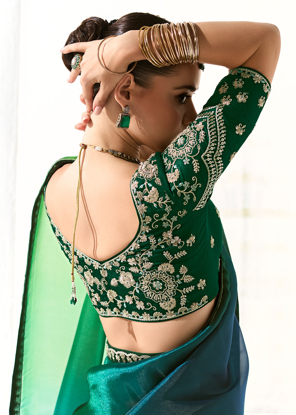 Buy Fabulous Green Organza Tissue Embroidered Designer Saree Online in USA, UK, Canada, Spain, France, Germany, Italy, Austria, UAE & Worldwide at Empress.