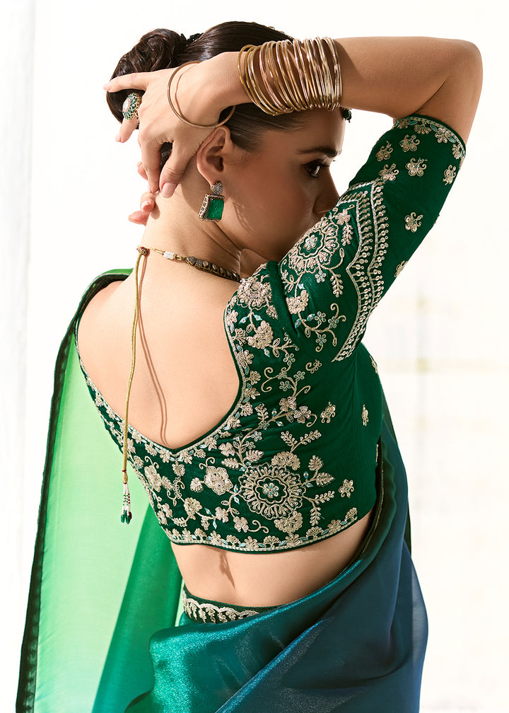 Buy Fabulous Green Organza Tissue Embroidered Designer Saree Online in USA, UK, Canada, Spain, France, Germany, Italy, Austria, UAE & Worldwide at Empress.
