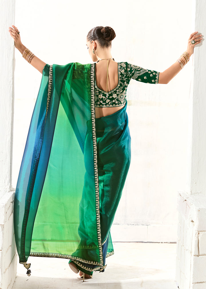 Buy Fabulous Green Organza Tissue Embroidered Designer Saree Online in USA, UK, Canada, Spain, France, Germany, Italy, Austria, UAE & Worldwide at Empress.