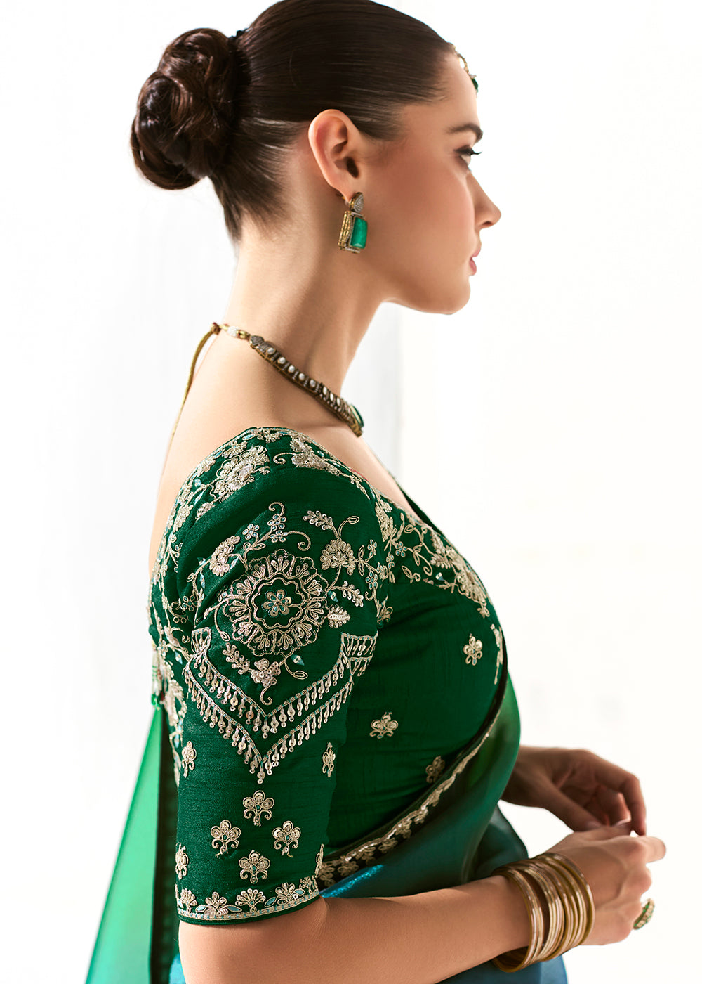 Buy Fabulous Green Organza Tissue Embroidered Designer Saree Online in USA, UK, Canada, Spain, France, Germany, Italy, Austria, UAE & Worldwide at Empress.