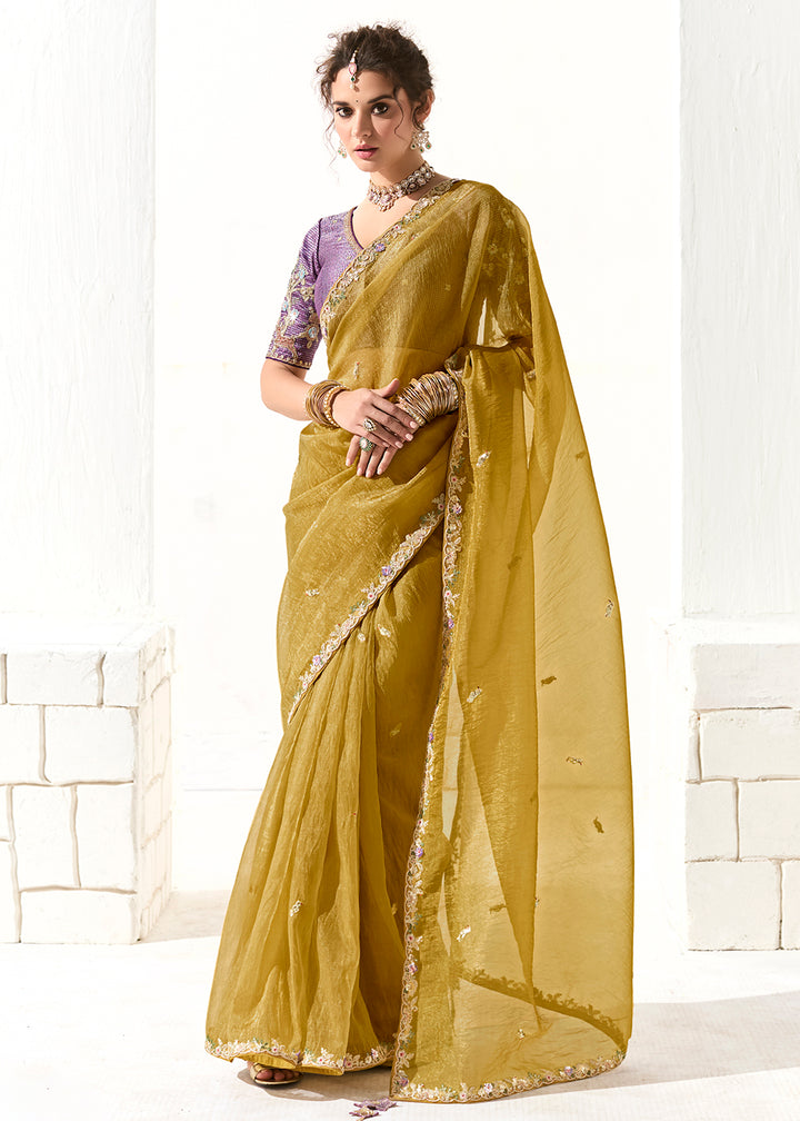 Buy Fabulous Yellow Organza Tissue Embroidered Designer Saree Online in USA, UK, Canada, Spain, France, Germany, Italy, Austria, UAE & Worldwide at Empress.