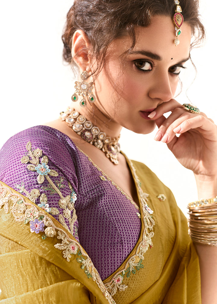 Buy Fabulous Yellow Organza Tissue Embroidered Designer Saree Online in USA, UK, Canada, Spain, France, Germany, Italy, Austria, UAE & Worldwide at Empress.