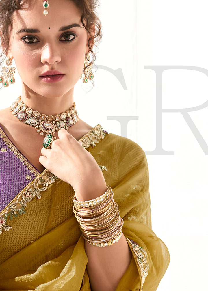 Buy Fabulous Yellow Organza Tissue Embroidered Designer Saree Online in USA, UK, Canada, Spain, France, Germany, Italy, Austria, UAE & Worldwide at Empress.