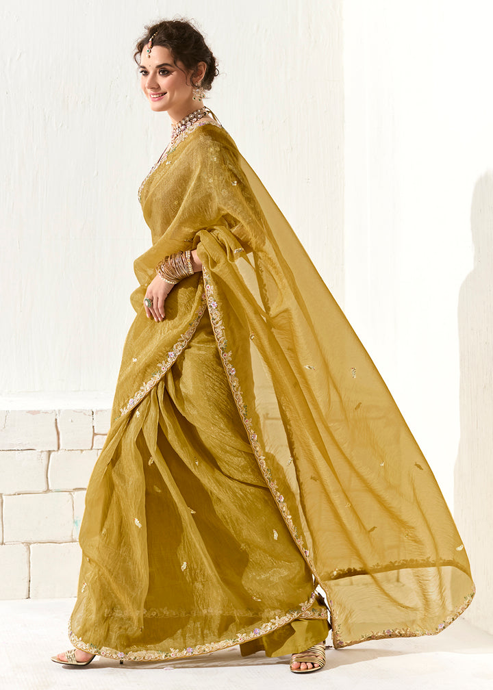 Buy Fabulous Yellow Organza Tissue Embroidered Designer Saree Online in USA, UK, Canada, Spain, France, Germany, Italy, Austria, UAE & Worldwide at Empress.
